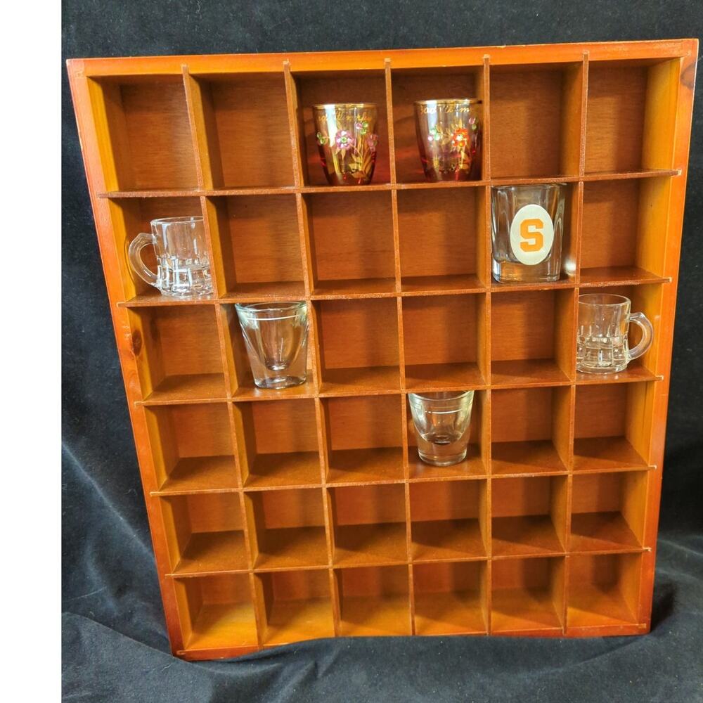 Vintage Wooden Wall Mounted Shot Glass Display Holds 36